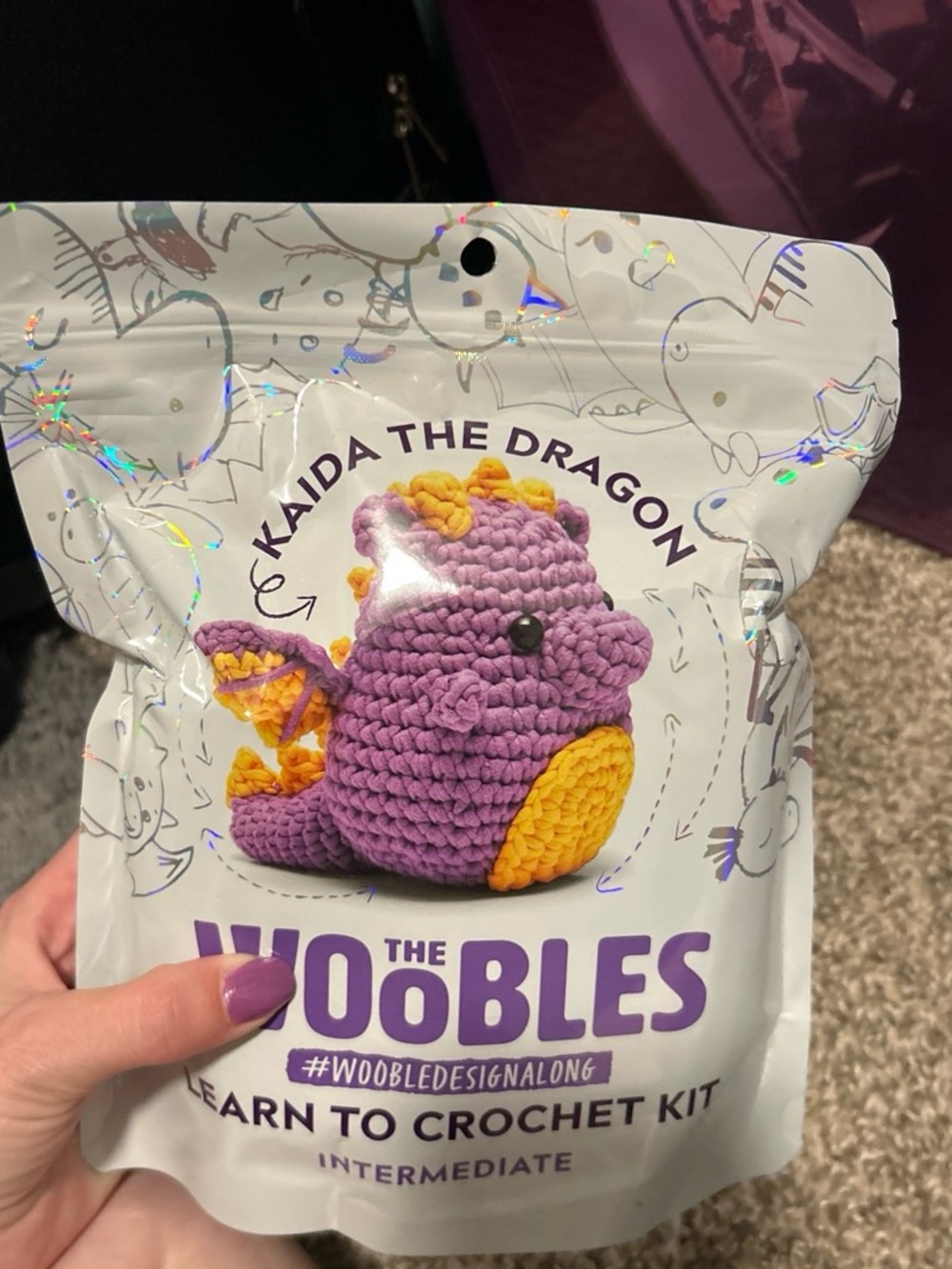 The Woobles Kaida The Dragon Crochet Kit - Purple & Yellow